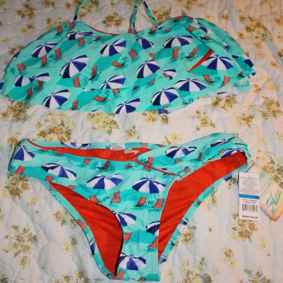 NWT Hobie 2Pc Bikini Ruffled Top and Bikini Bottom Beach Umbrellas Sz XL - Picture 1 of 8